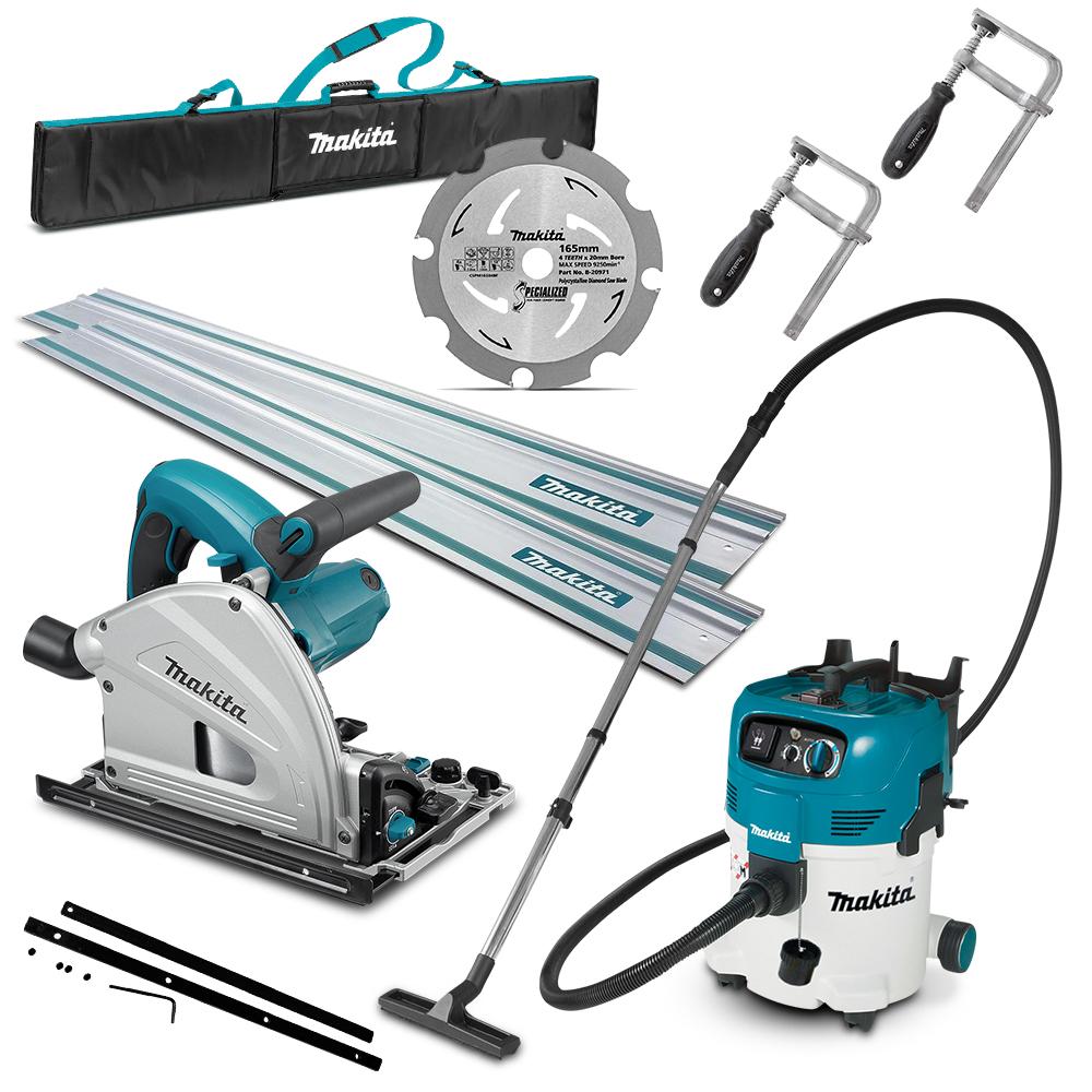Makita SP6000JT2X-VC30MX1 1300W 165mm (7") Plunge Cut Circular Track Saw & 1200W 30L M-Class Wet & Dry Vacuum Cleaner Dust Extractor Combo Kit