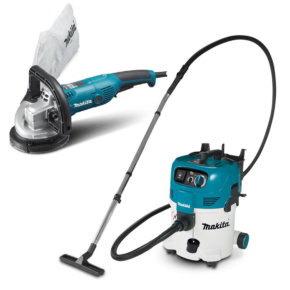 Makita PC5000C-VC30MX1 1400W 125mm (5") Concrete Planer Grinder & 1200W 30L M-Class Wet & Dry Vacuum Cleaner Dust Extractor Combo Kit